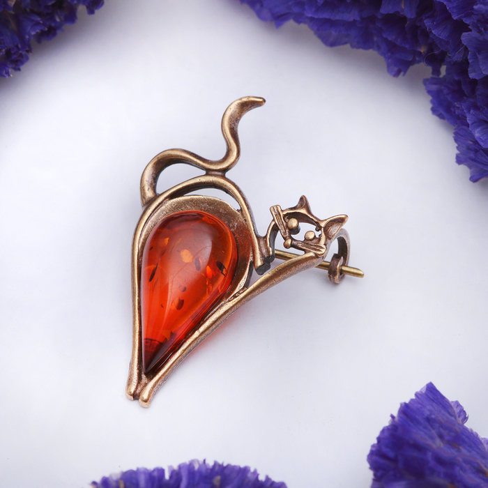 Брошь "Янтарь" кот капля, цвет коричневый в бронзе