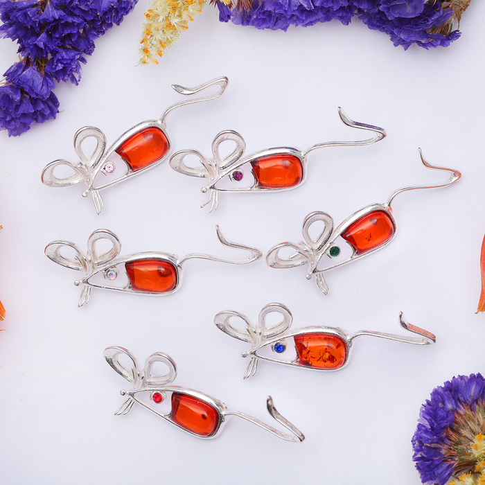 Брошь "Янтарь" мышь с бантом, цвет МИКС в посеребрении