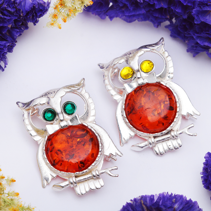 Брошь "Янтарь" сова на ветке малая в серебре 3033