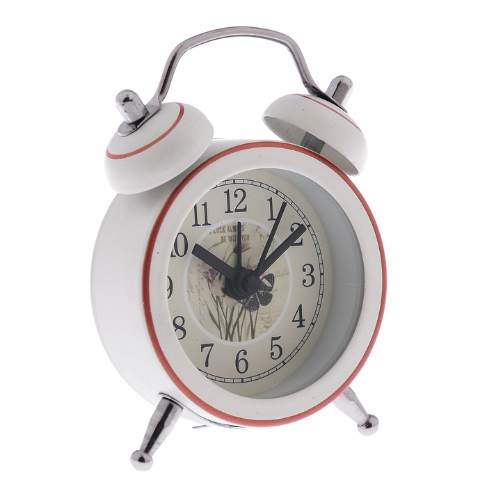 Будильник круг, белый, на хромир. ножках, металл, микс картинки, 5,5*8см