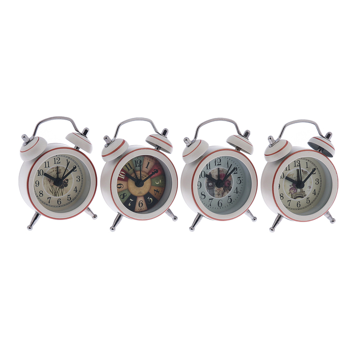 Будильник круг, белый, на хромир. ножках, металл, микс картинки, 5,5*8см
