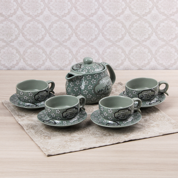 Набор чайный "Поляна цветов", 9 предметов: чайник 280 мл, кружка 6,5 см, 50 мл, блюдце 9 см