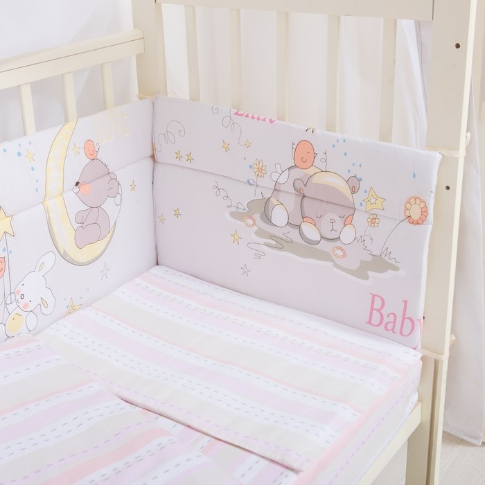 Комплект в кроватку 7 пр. "Мишка на луне", цвет розовый, сатин, хл100 115 гм