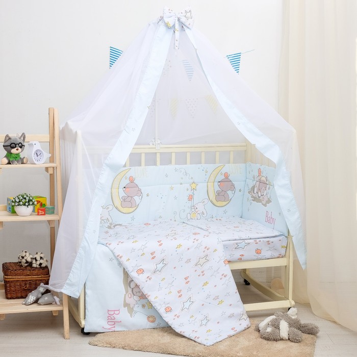 Комплект в кроватку 7 пр. "Мишка на луне", цвет голубой, сатин, хл100 115 гм