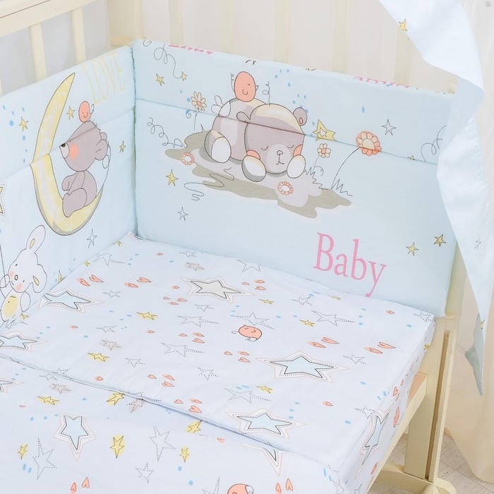 Комплект в кроватку 7 пр. "Мишка на луне", цвет голубой, сатин, хл100 115 гм