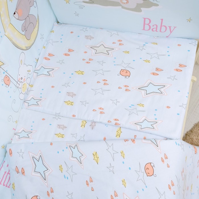 Комплект в кроватку 7 пр. "Мишка на луне", цвет голубой, сатин, хл100 115 гм