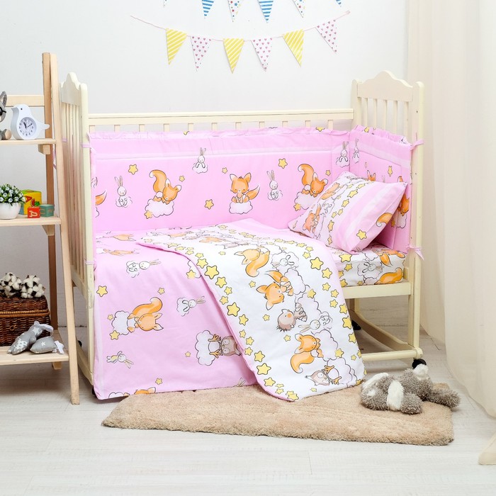 Бортик защитный "Зверята", 43х360 см, цвет розовый, бязь, хл100 120 гм