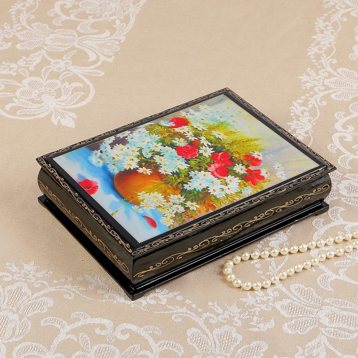 Шкатулка «Ромашки и маки в вазе», лаковая миниатюра, 17х22 см