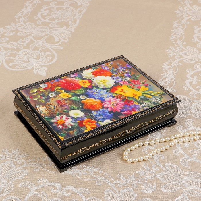 Шкатулка «Цветы в фарфоровой вазе», 17×22 см, лаковая миниатюра