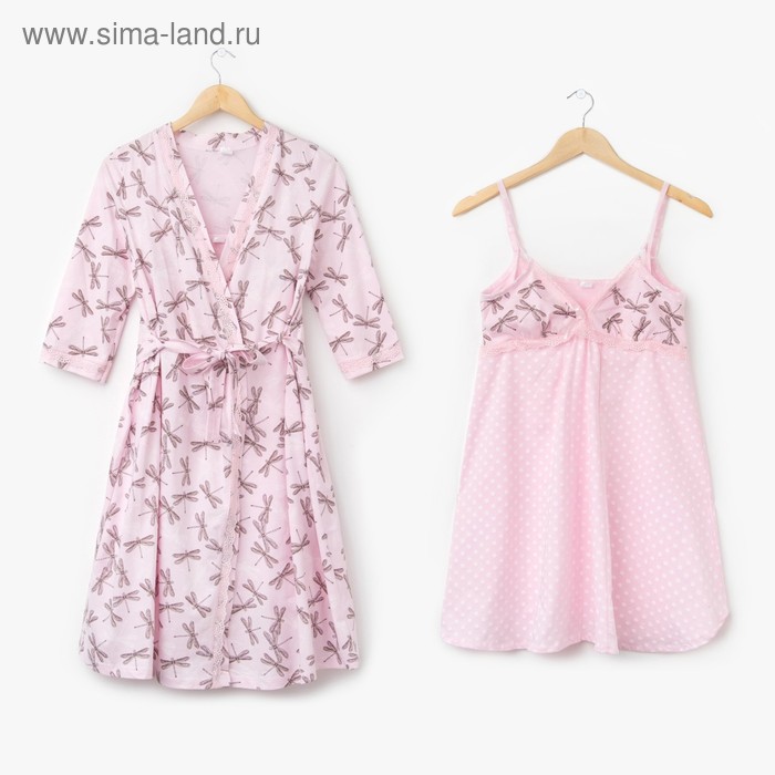 Комплект для беременных и кормящих (сорочка, халат) цвет розовый, принт МИКС, размер 48