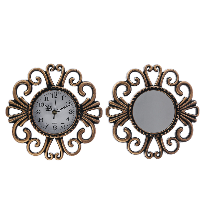 Часы 2в1 с зеркалом, с завитушками, циф-т d=11.5 см, цвет состаренное золото, 28х27 см