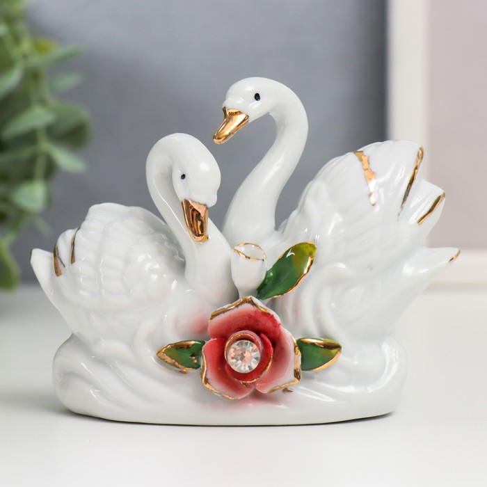 Сувенир керамика Два лебедя с розой страза 8х10,5х4 см