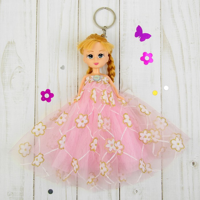 Игрушка-брелок "Куколка" розовое платье в цветок