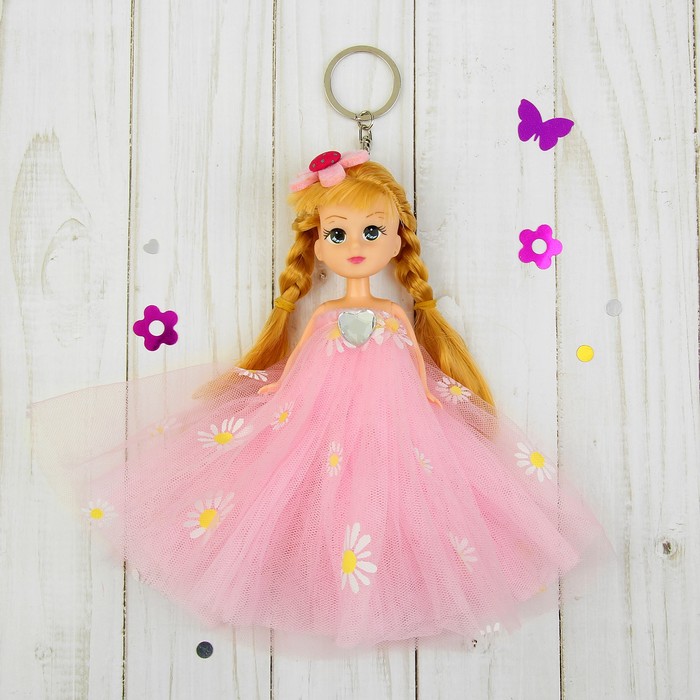 Игрушка-брелок "Модница" розовое платье, на голове цветок