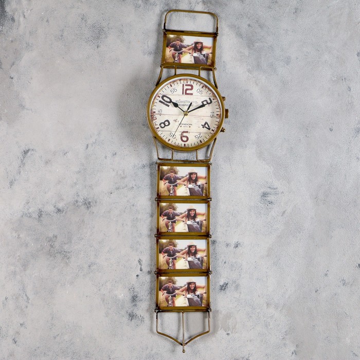 Часы настенные "Наручные часы"d=15cм,5 фоторам, коричневые,металл,ретро (фото 10х6) 17*71 см