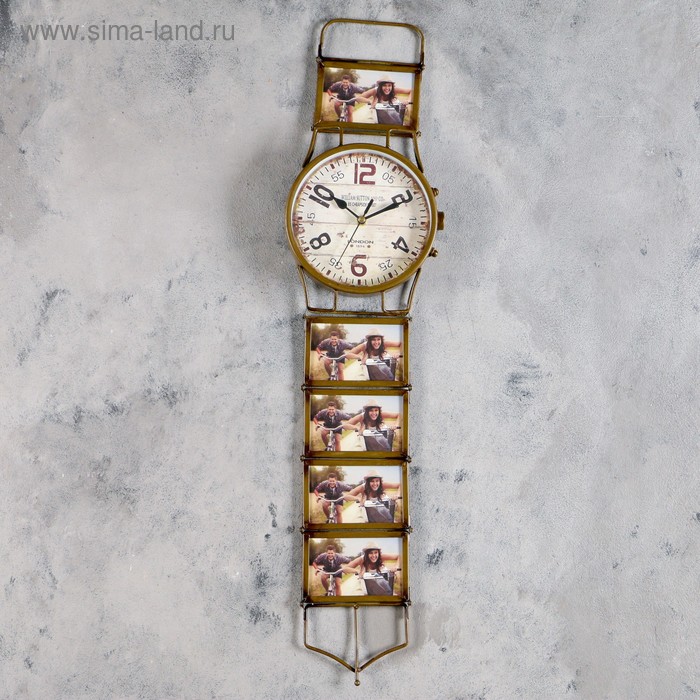 фото Часы настенные, серия: фото, "наручные часы", d=15 cм, 5 фоторамок, коричневые, 17х71 см