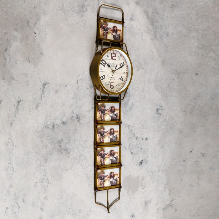 Часы настенные "Наручные часы"d=15cм,5 фоторам, коричневые,металл,ретро (фото 10х6) 17*71 см