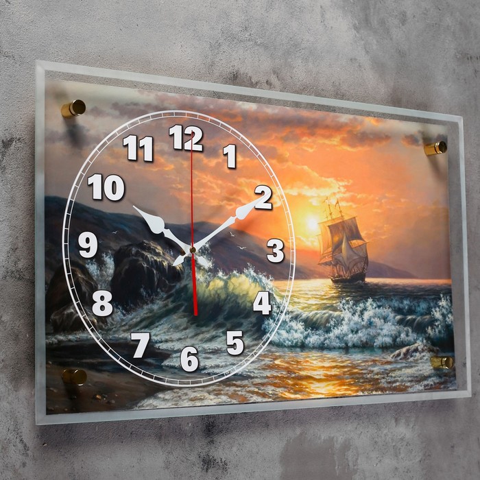 Часы настенные прямоугольные "Корабль у берега на закате", 36х60 см