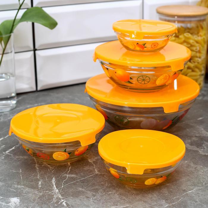 Набор салатников с крышками "Апельсин", 5 шт: 130/200/350/500/900 мл, цвет оранжевый
