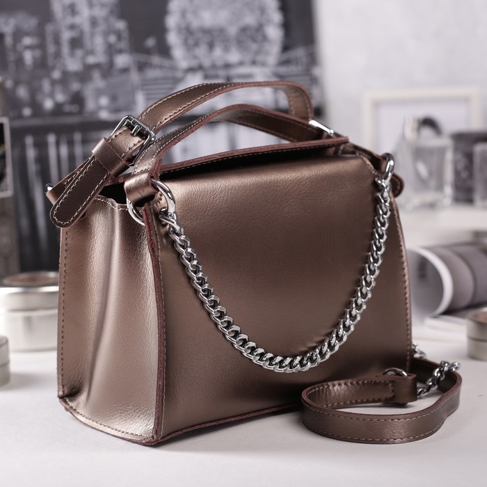 Сумка женская на молнии, 1 отдел, длинный ремень, цвет бронзовый