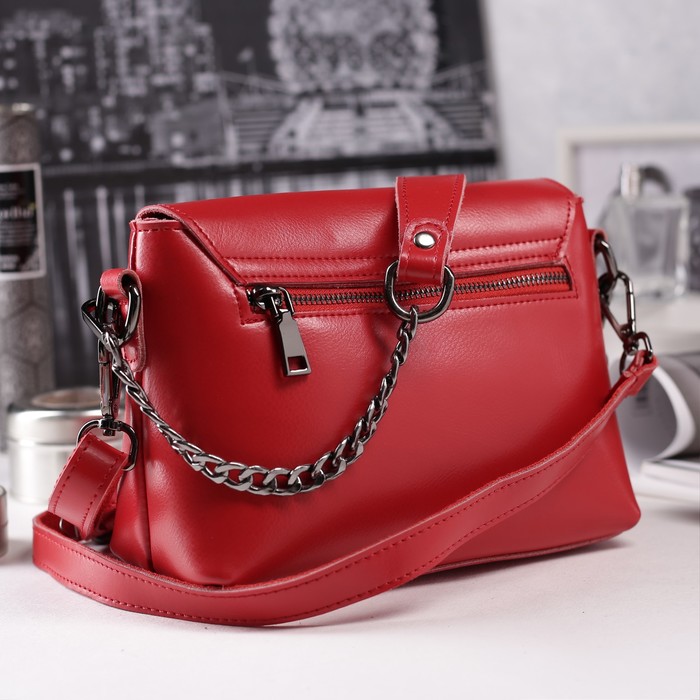 Сумка женская на молнии, 1 отдел с перегородкой, наружный карман, длинный ремень, цвет красный