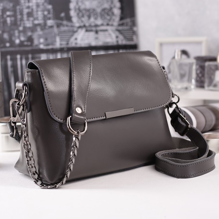 Сумка женская на молнии, 1 отдел с перегородкой, наружный карман, длинный ремень, цвет серый