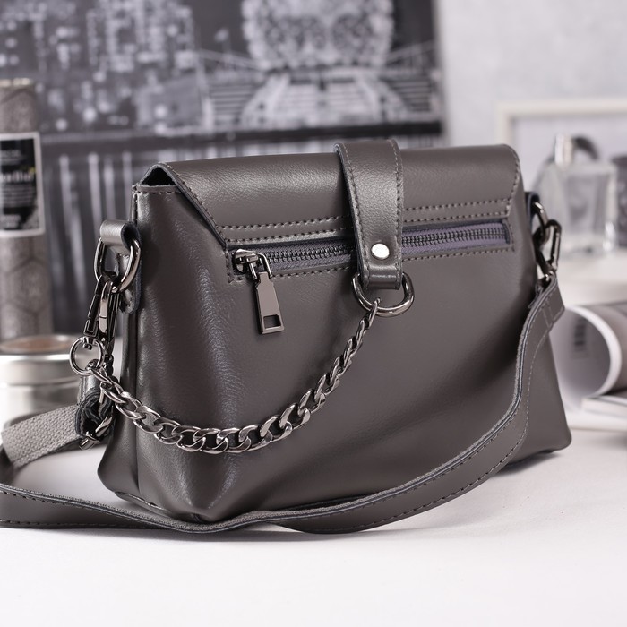 Сумка женская на молнии, 1 отдел с перегородкой, наружный карман, длинный ремень, цвет серый