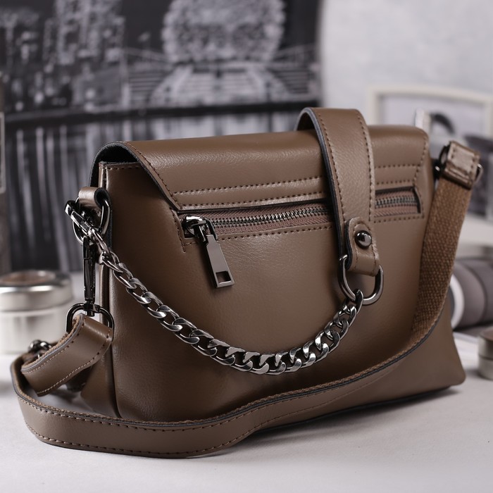 Сумка женская на молнии, 1 отдел с перегородкой, наружный карман, длинный ремень, цвет хаки