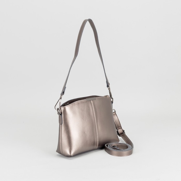 Сумка женская на молнии, 1 отдел, наружный карман, длинный ремень, цвет серебристый