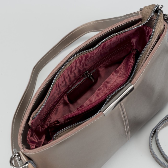 Сумка женская на молнии, 1 отдел, наружный карман, длинный ремень, цвет бронзовый