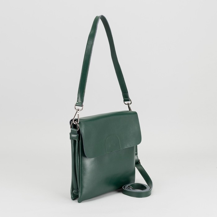 Сумка женская на молнии, 2 отдела, наружный карман, длинный ремень, цвет зелёный