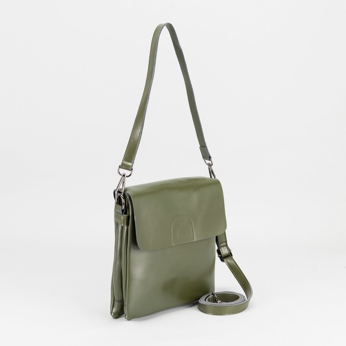 Сумка женская на молнии, 2 отдела, наружный карман, длинный ремень, цвет оливковый