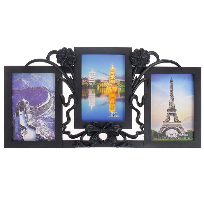 Фоторамка пластик на 3 фото 10х15 см "Незабудки и бант" чёрная 21,5х41 см