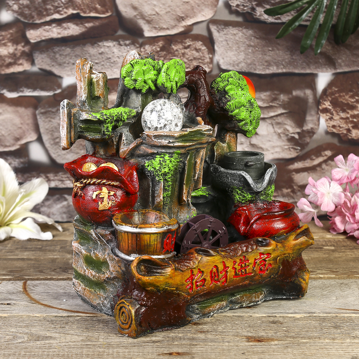 Фонтан настольный полистоун от сети "Водяная мельница в скале" 29х30х18 см