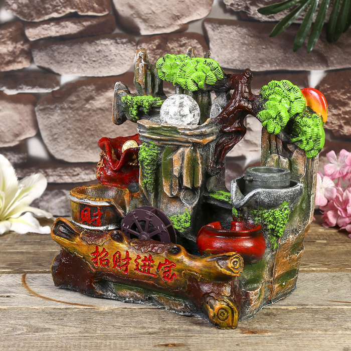 Фонтан настольный полистоун от сети "Водяная мельница в скале" 29х30х18 см