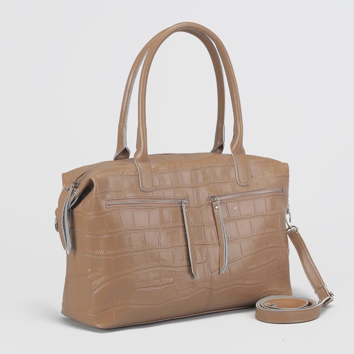 Сумка женская на молнии, 1 отдел, 3 наружных кармана, длинный ремень, цвет бежевый