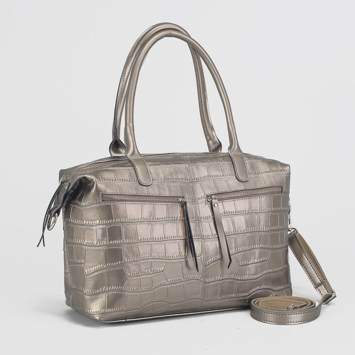 Сумка женская на молнии, 1 отдел, 3 наружных кармана, длинный ремень, цвет бронзовый