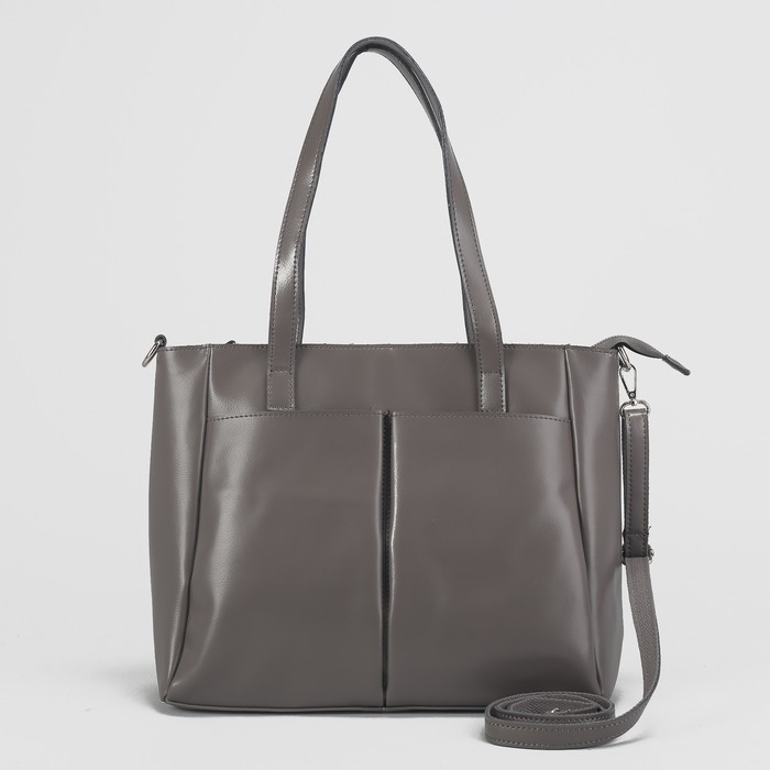 Сумка женская на молнии, 1 отдел с перегородкой, 3 наружных кармана, длинный ремень, цвет серый