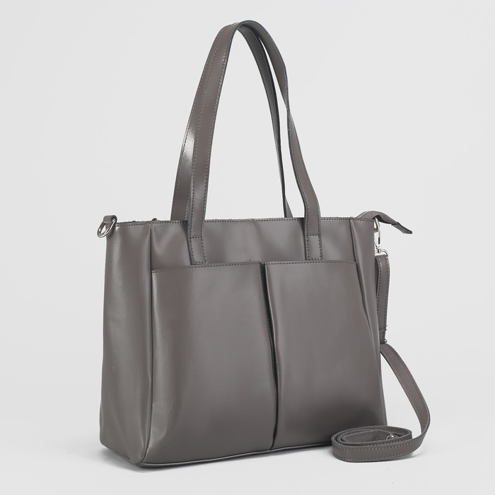 Сумка женская на молнии, 1 отдел с перегородкой, 3 наружных кармана, длинный ремень, цвет серый