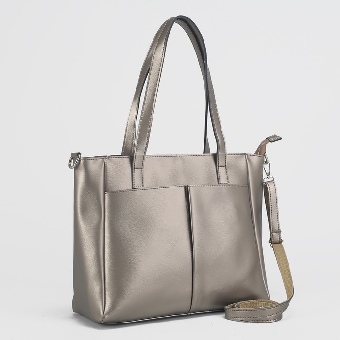 Сумка женская на молнии, 1 отдел с перегородкой, 3 наружных кармана, длинный ремень, цвет бронзовый