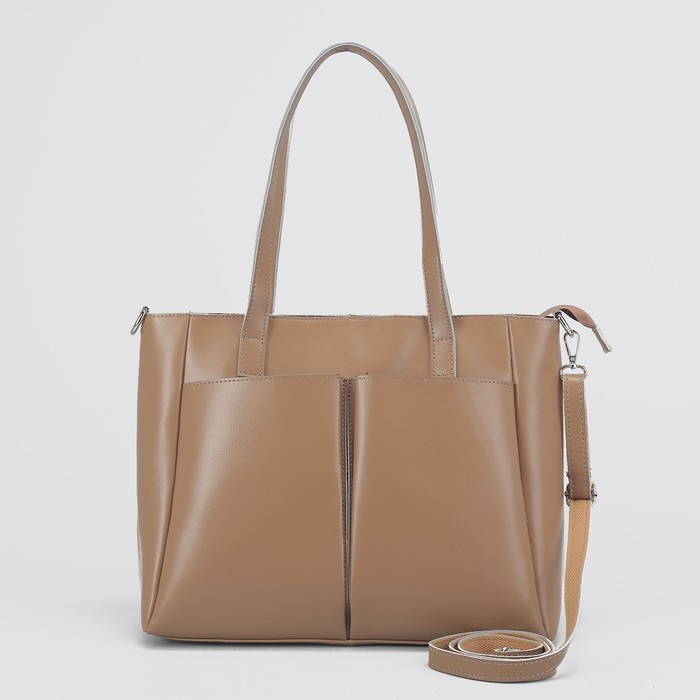 Сумка женская на молнии, 1 отдел с перегородкой, 3 наружных кармана, длинный ремень, цвет бежевый