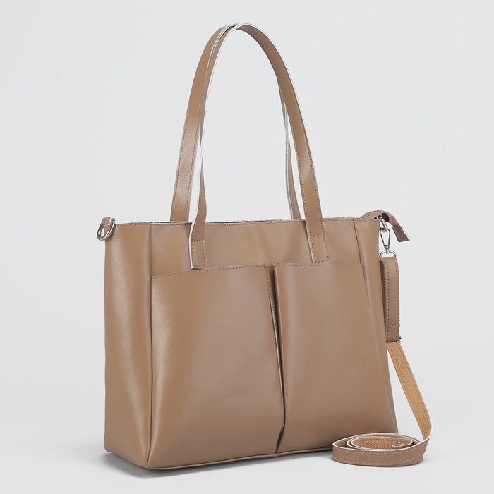 Сумка женская на молнии, 1 отдел с перегородкой, 3 наружных кармана, длинный ремень, цвет бежевый