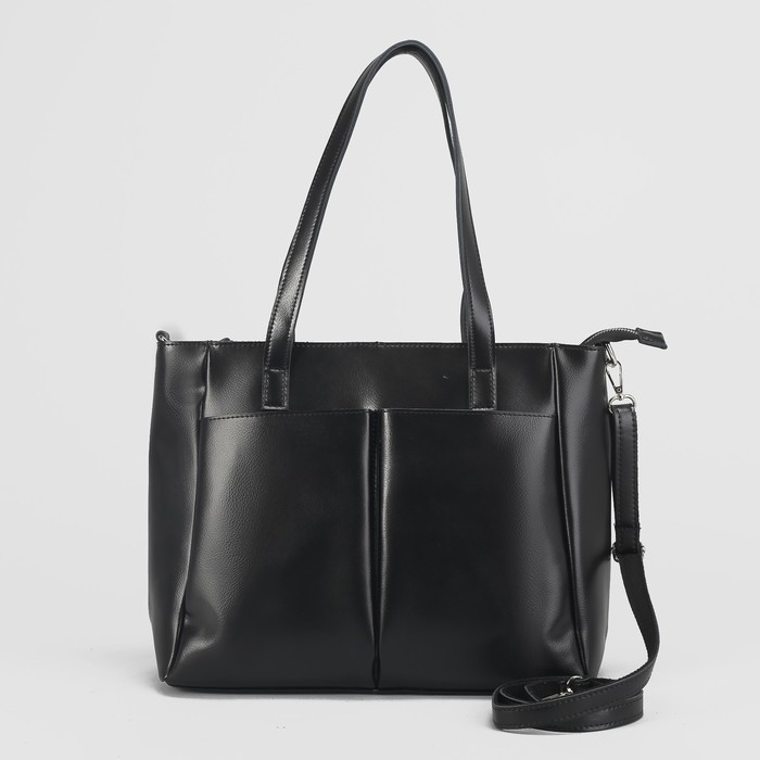 Сумка женская на молнии, 1 отдел с перегородкой, 3 наружных кармана, длинный ремень, цвет чёрный