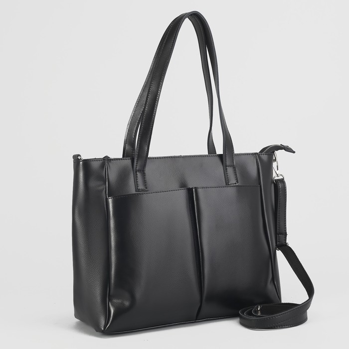 Сумка женская на молнии, 1 отдел с перегородкой, 3 наружных кармана, длинный ремень, цвет чёрный