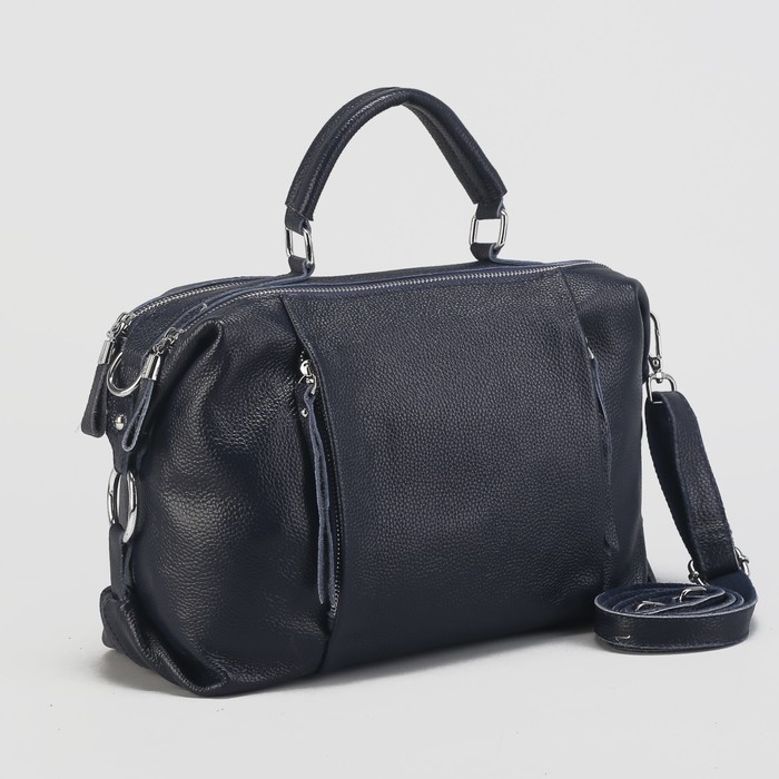 Сумка женская на молнии, 2 отдела, 3 наружных кармана, длинный ремень, цвет синий