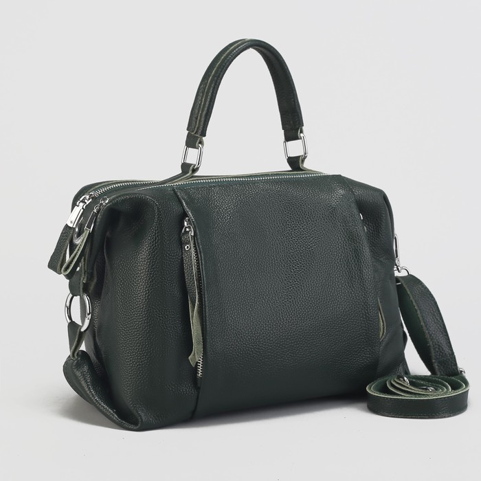 Сумка женская на молнии, 2 отдела, 3 наружных кармана, длинный ремень, цвет зелёный