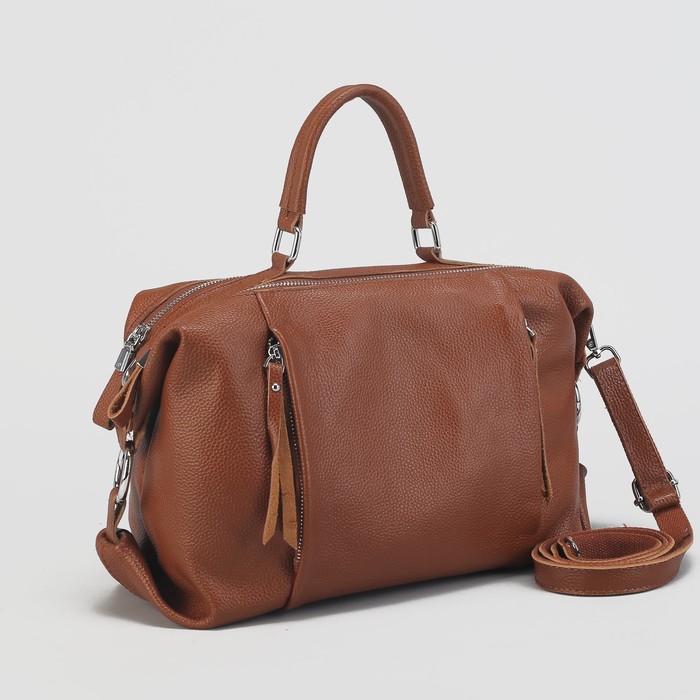 Сумка женская на молнии, 2 отдела, 3 наружных кармана, длинный ремень, цвет рыжий