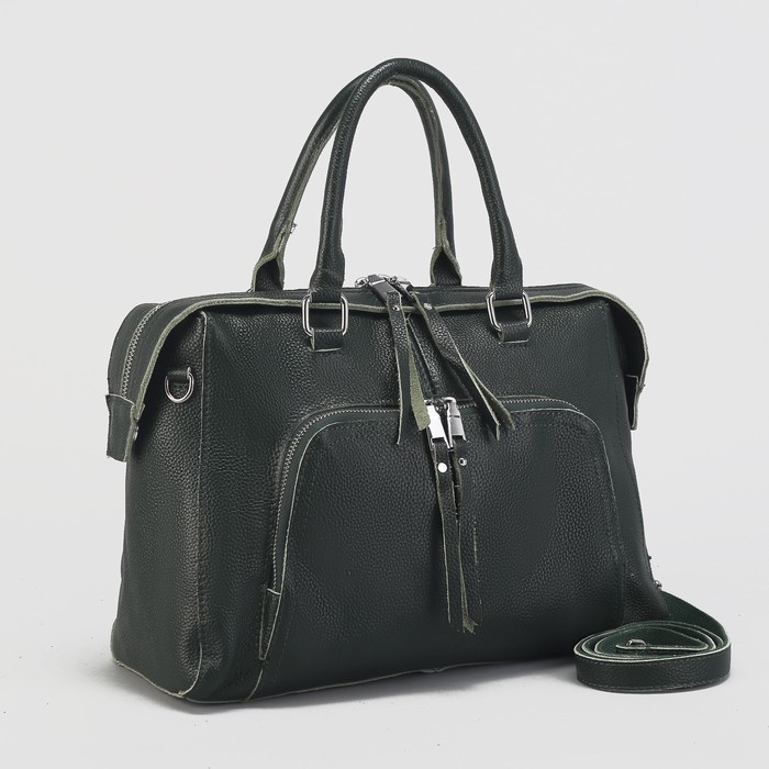 Сумка женская на молнии, 1 отдел с перегородкой, 2 наружных кармана, длинный ремень, цвет зелёный