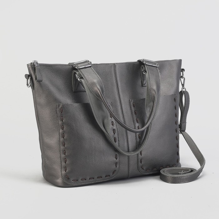 Сумка женская на молнии, 1 отдел с перегородкой, 3 наружных кармана, длинный ремень, цвет серебристый