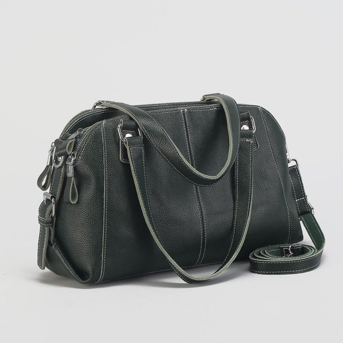 Сумка женская на молнии, 3 отдела, наружный карман, длинный ремень, цвет зелёный